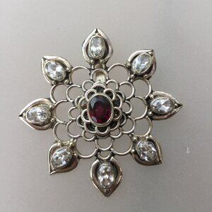 Crystal & Garnet Pendant, Floral Design, Sterling Silver.925. NWT. Free Shipping